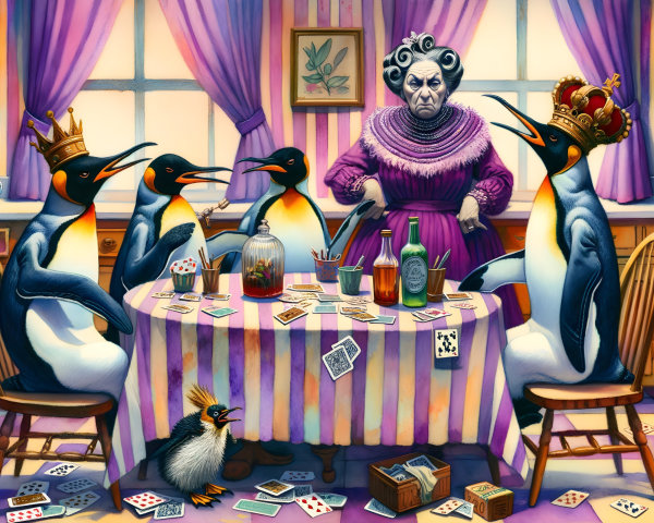 Penguins Playing Cards in Whimsical Kitchen Scene