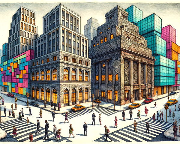 Urban Scene with Skyscrapers and Historic Architecture