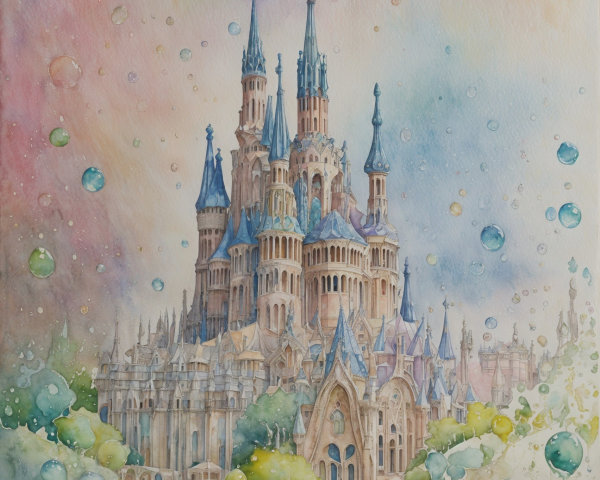 Majestic Fairy-Tale Castle with Pastel Sky and Bubbles