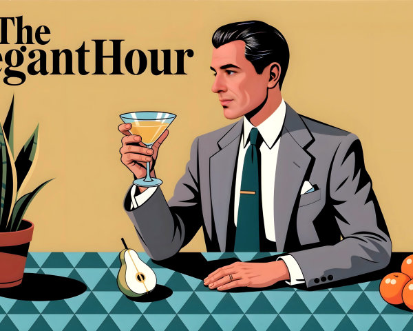 Stylish Man in Gray Suit with Martini at Table