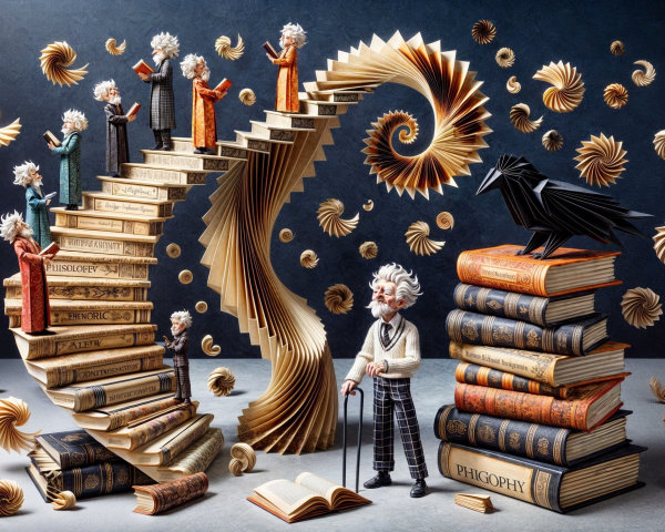 Spiral Staircase of Books with Thinkers and Raven