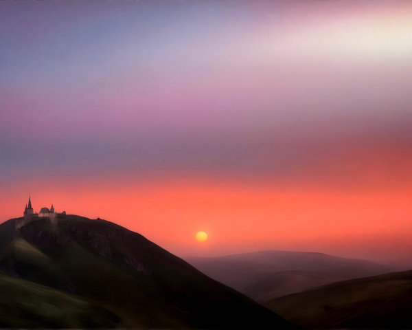 Castle on a Hill at Sunset with Colorful Sky