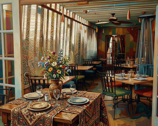 Oil Painting of Restaurant Interior with Set Table
