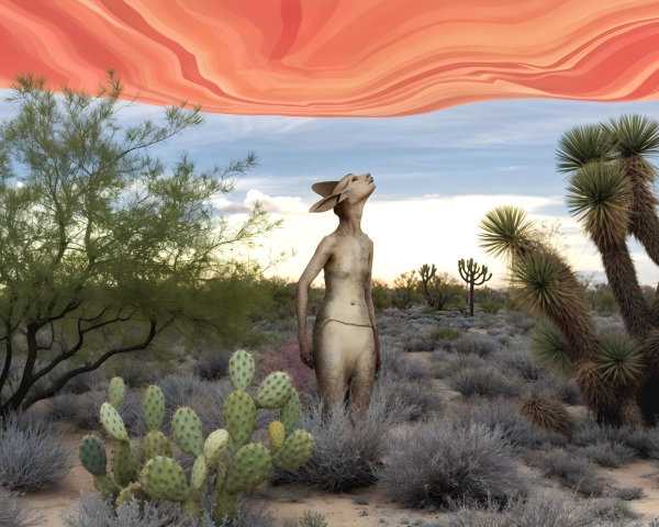 Surreal Desert Landscape with Vibrant Sky and Figure
