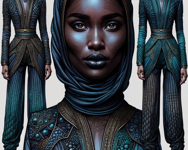 Futuristic character in intricate blue outfit design