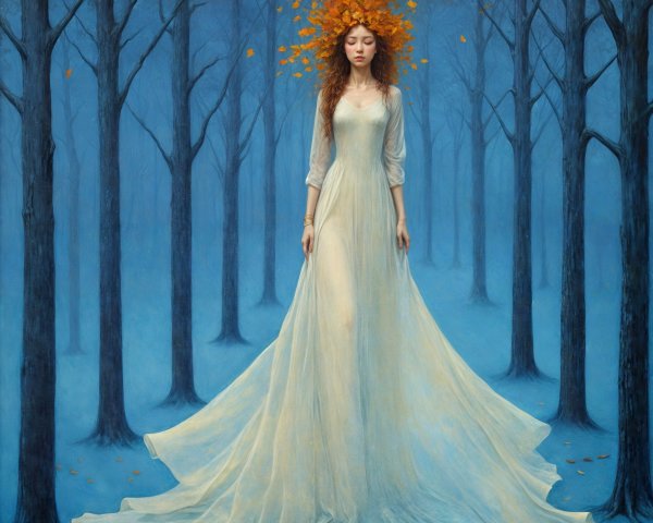 Serene figure in a misty forest with autumn leaves
