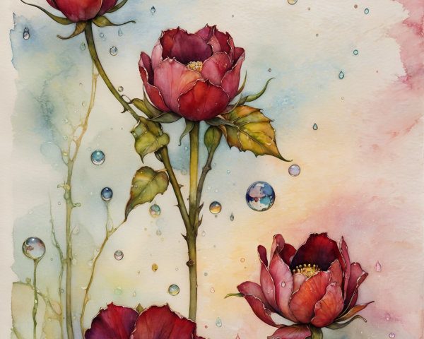 Vibrant Watercolor of Tall Red Flowers with Background Washes