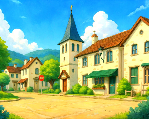 Charming Village with Quaint Houses and Church Scene