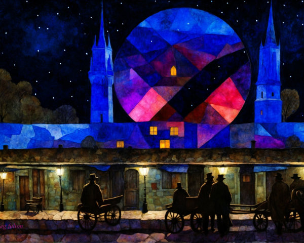 Vibrant Night Scene with Geometric Moon Over Village