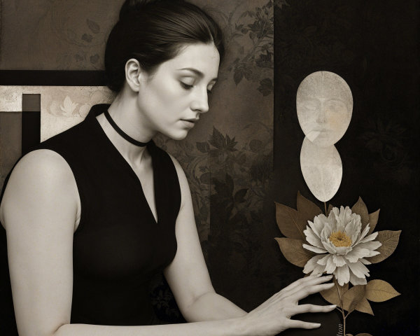 Contemplative Woman in Black Dress with Elegant Flower