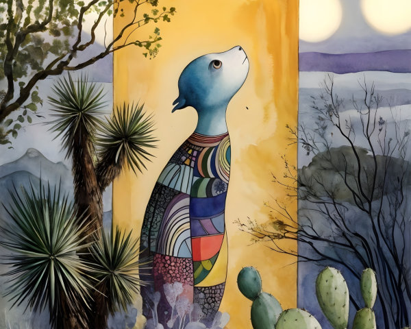 Vibrant Meerkat in Whimsical Desert Landscape Scene