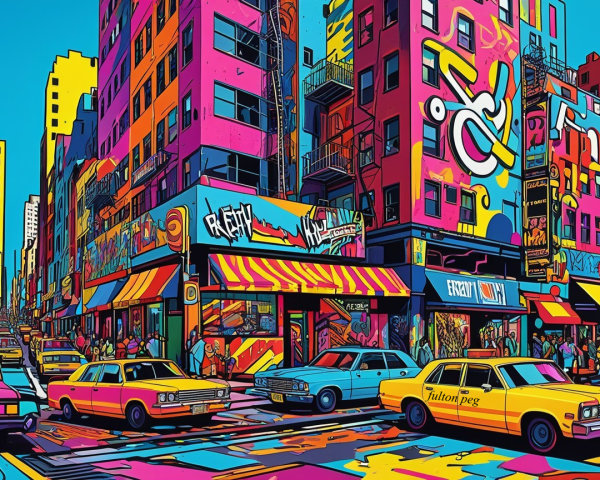 Vibrant Urban Street Scene with Colorful Murals
