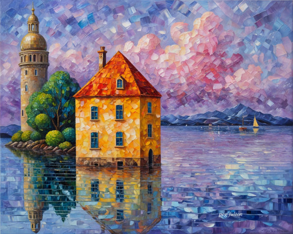 Vibrant Abstract Landscape with Colorful House and Tower