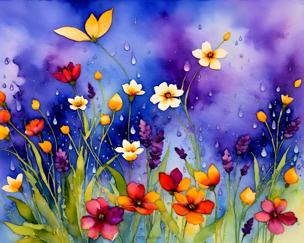 Watercolor Artwork of Flowers and Rainy Sky