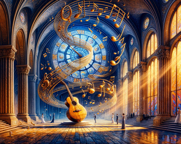 Ethereal hall with stained glass and a central guitar