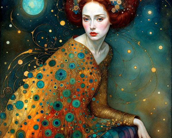 Ethereal Woman with Red Hair in Celestial Setting