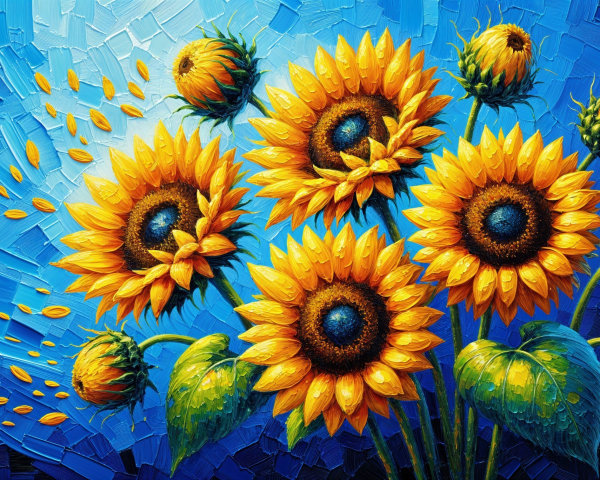 Vibrant Oil Painting of Sunflowers on Blue Background