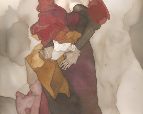 Young Woman in Elegant Dress Against Abstract Background