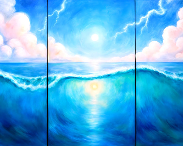 Vibrant Triptych of Ocean Waves and Serene Sky