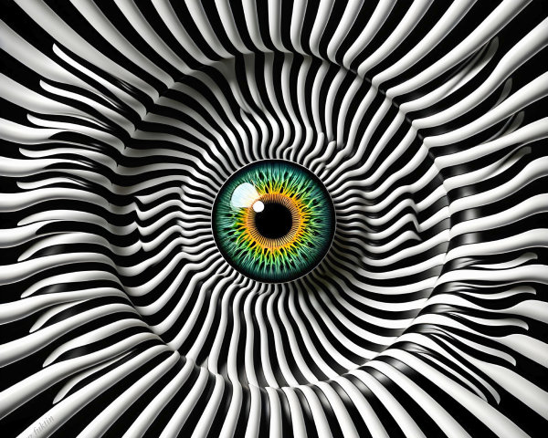 Vivid Green and Blue Eye with Spiraling Background Design