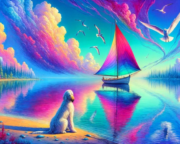 Serene Landscape with Colorful Sky and Sailboat