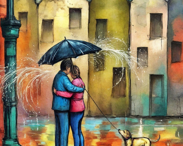 Couple Embracing Under Umbrella in Rainy Street Scene