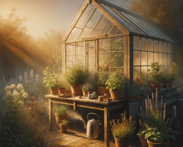 Charming Greenhouse with Plants in Morning Light