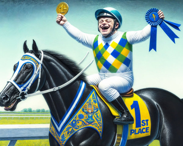 Jockey Celebrates Victory on Black Horse at Racetrack