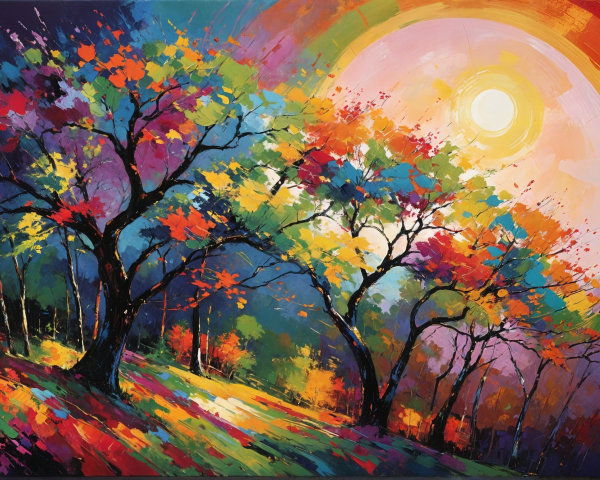 Vibrant Landscape with Colorful Trees and Sunlight