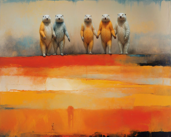 Anthropomorphic bears in vibrant abstract setting