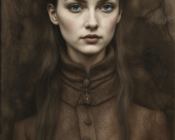 Young Woman with Blue Eyes in Vintage Brown Garment