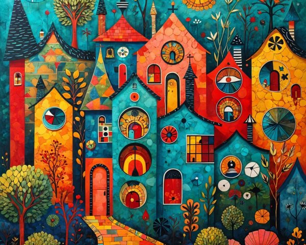 Vibrant Village Scene with Abstract Colorful Houses