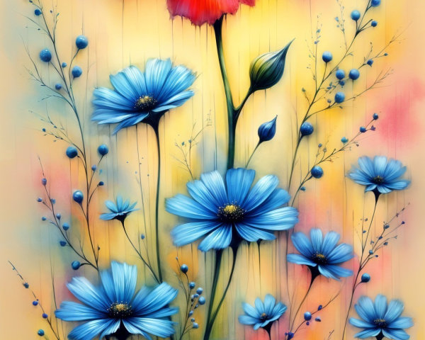 Vibrant Floral Painting with Red and Blue Flowers