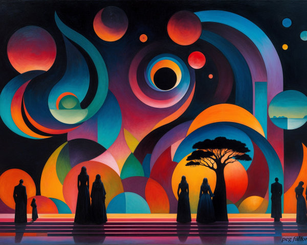 Vibrant Abstract Composition with Silhouetted Figures