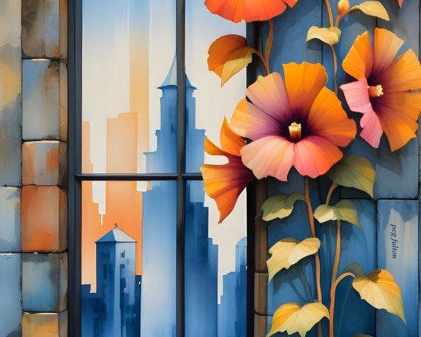 Arched Window Framed by Colorful Flowers and Cityscape