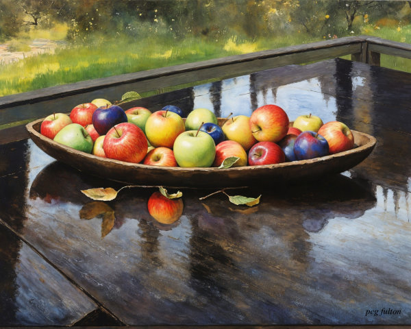 Wooden bowl filled with colorful apples on table