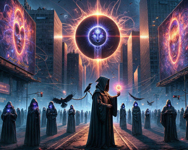 Cloaked Figures in Dystopian City with Cosmic Visuals
