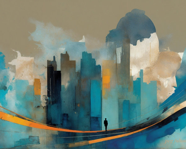 Vibrant Abstract City Skyline with Solitary Figure