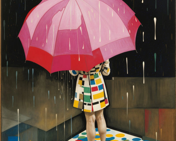 Figure Under Pink Umbrella in Abstract Colorful Scene