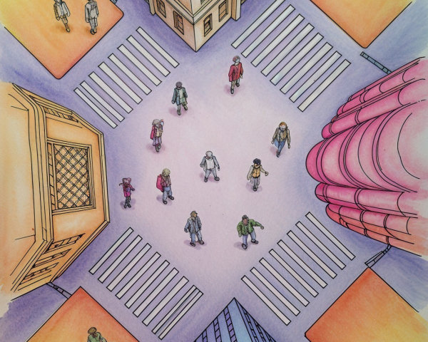 Aerial View of Colorful City Intersection with Pedestrians