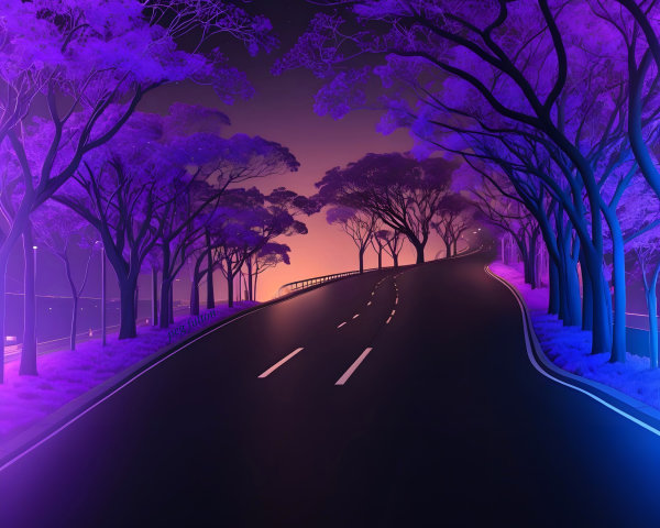 Winding Road Surrounded by Vibrant Purple Trees