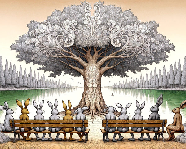 Rabbits by a tranquil lake with patterned trees