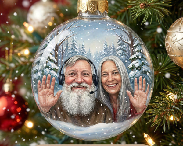 Christmas Ornament on Pine Branch with Snowfall
