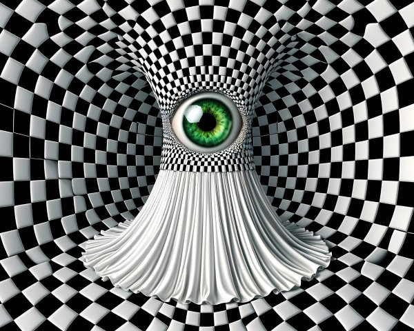 Surreal Design with Green Eye and Checkerboard Patterns