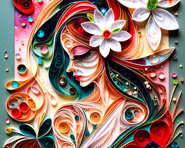 Quilling Artwork of Woman's Profile with Floral Design