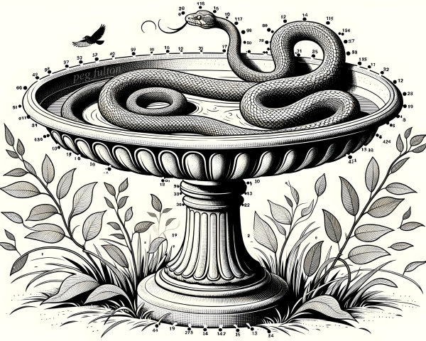 Coiled Snake in Stone Birdbath Surrounded by Foliage