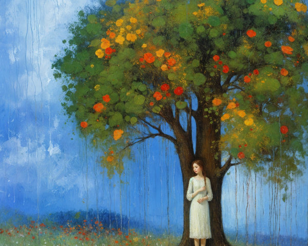 Serene Landscape with Vibrant Tree and Woman in Dress