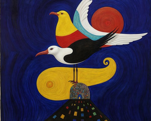 Vibrant Artwork of Birds and Abstract Landscape
