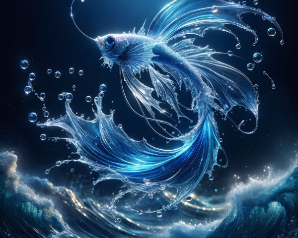 Ethereal fish leaping through shimmering ocean waves