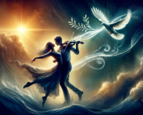 Couple Dancing in Clouds with Violin and Dove